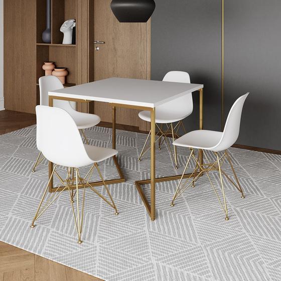 Imagem de Mesa Jantar Industrial Quadrada 90cm Branca Base V com 4 Cadeiras Eames Eiffel Brancas Base Dourada