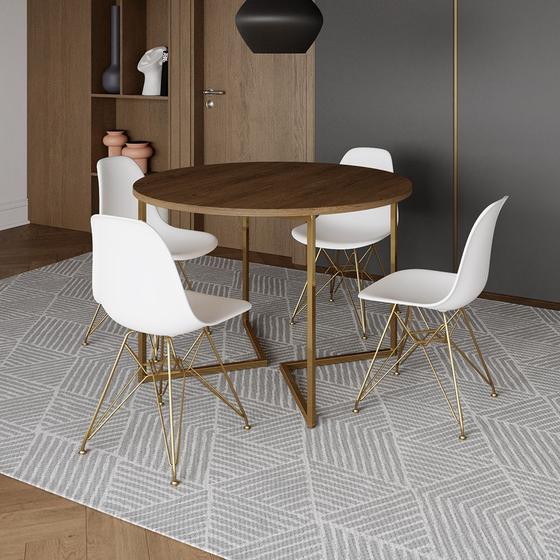 Imagem de Mesa Jantar Industrial Redonda 110cm Amêndoa Base V Dourada com 4 Cadeiras Eames Eiffel Brancas Base