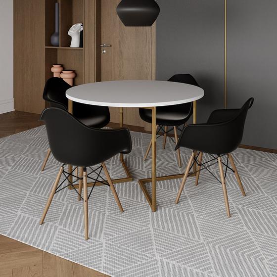 Imagem de Mesa Jantar Industrial Redonda 110cm Branca Base V Dourada com 4 Poltronas Eames Eiffel Daw Madeira 