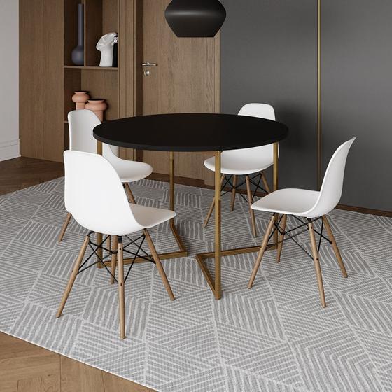 Imagem de Mesa Jantar Industrial Redonda 110cm Preta Base V Dourada com 4 Cadeiras Eames Eiffel Madeira Branca