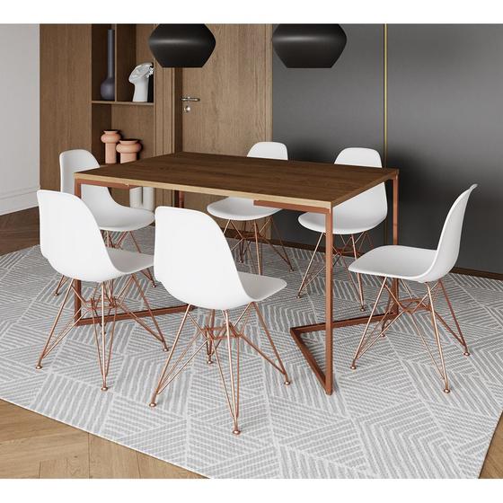 Imagem de Mesa Jantar Industrial Retangular 137x90cm Amêndoa Base V com 6 Cadeiras Eames Eiffel Brancas Base C