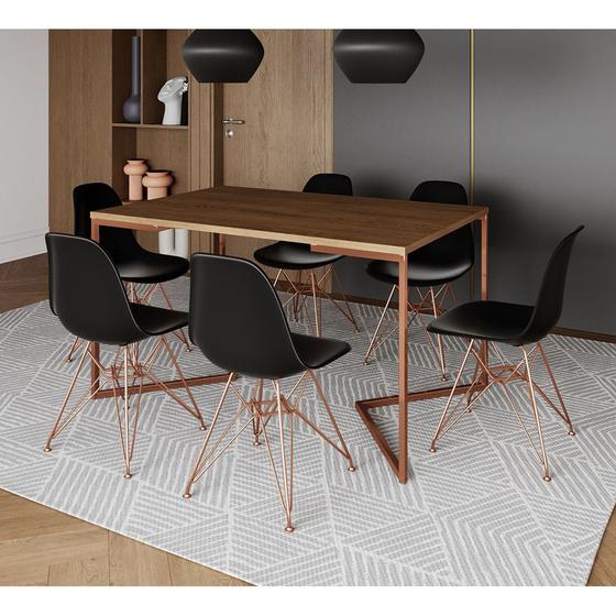 Imagem de Mesa Jantar Industrial Retangular 137x90cm Amêndoa Base V com 6 Cadeiras Eames Eiffel Pretas Base Co
