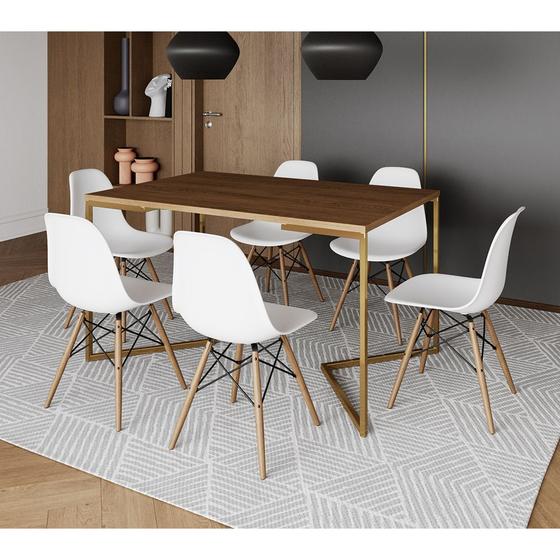 Imagem de Mesa Jantar Industrial Retangular 137x90cm Amêndoa Base V Dourada com 6 Cadeiras Eames Eiffel Madeir