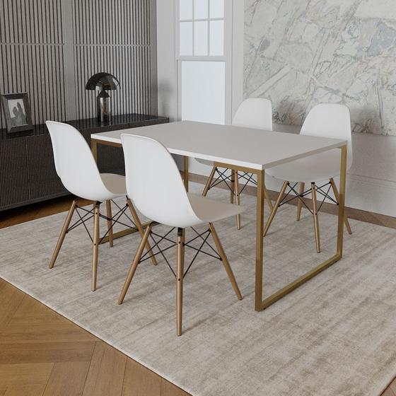 Mesa Jantar Industrial Retangular 137x90cm Branca Base Dourada com 4 Cadeiras Eames Eiffel Madeira B Menor preço em Mesa Jantar Industrial Retangular 137x90cm Branca Base Dourada com 4 Cadeiras Eames Eiffel Madeira B