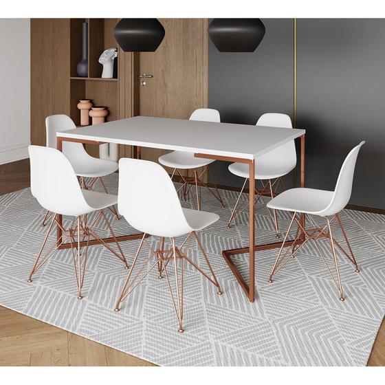 Imagem de Mesa Jantar Industrial Retangular 137x90cm Branca Base V com 6 Cadeiras Eames Eiffel Brancas Base Co