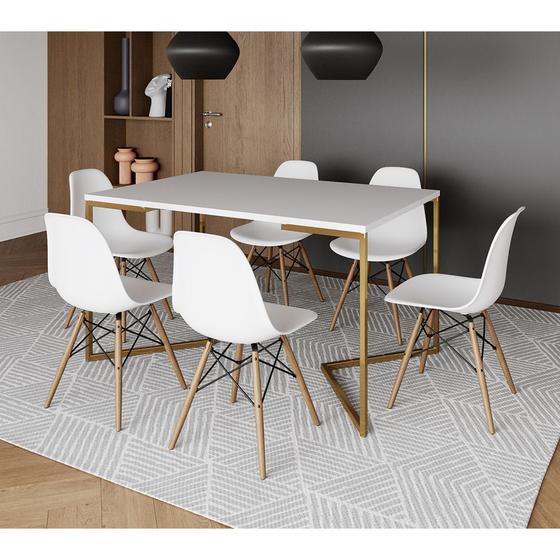 Imagem de Mesa Jantar Industrial Retangular 137x90cm Branca Base V Dourada com 6 Cadeiras Eames Eiffel Madeira