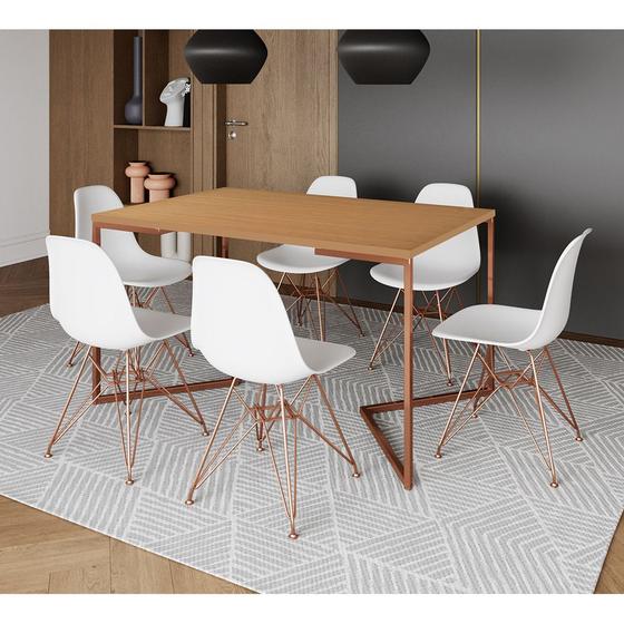 Imagem de Mesa Jantar Industrial Retangular 137x90cm Canela Base V com 6 Cadeiras Eames Eiffel Brancas Base Co