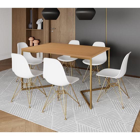 Imagem de Mesa Jantar Industrial Retangular 137x90cm Canela Base V com 6 Cadeiras Eames Eiffel Brancas Base Do