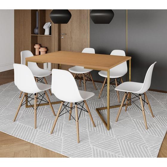 Imagem de Mesa Jantar Industrial Retangular 137x90cm Canela Base V Dourada com 6 Cadeiras Eames Eiffel Madeira