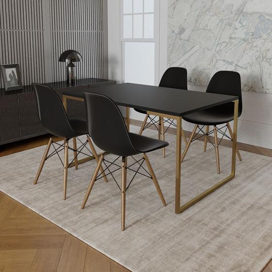 Imagem de Mesa Jantar Industrial Retangular 137x90cm Preta Base Dourada com 4 Cadeiras Eames Eiffel Madeira Pr