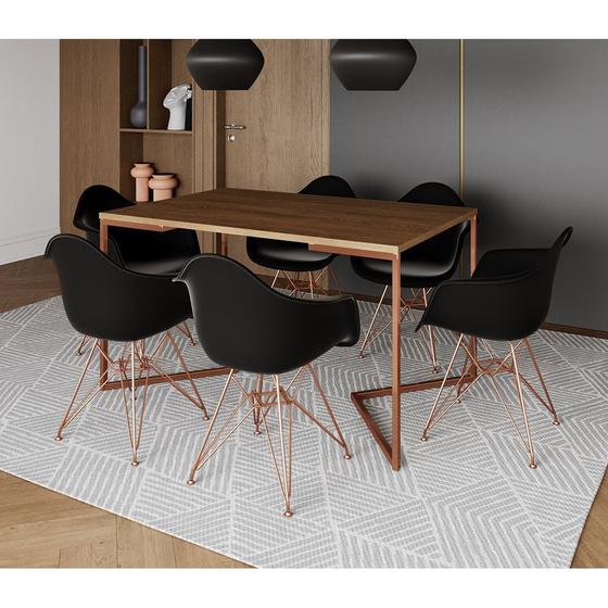 Imagem de Mesa Jantar Industrial Retangular Amêndoa 137x90cm Base V Cobre com 6 Poltronas Pretas Eames Eiffel 