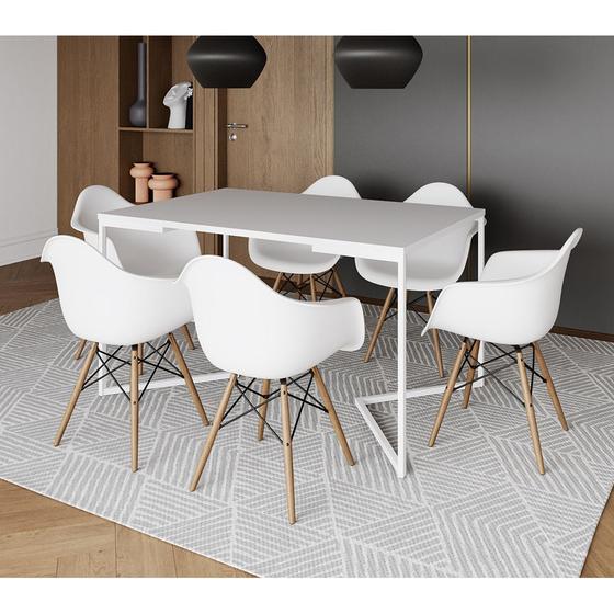 Imagem de Mesa Jantar Industrial Retangular Branca 137x90cm Base V Ferro Branco com 6 Poltronas Eiffel Branca 