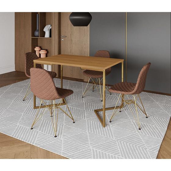Imagem de Mesa Jantar Industrial Retangular Canela 120x75 Base V com 4 Cadeiras Estofadas Caramelo Aço Dourado