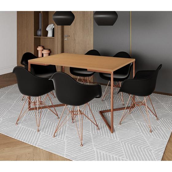 Imagem de Mesa Jantar Industrial Retangular Canela 137x90cm Base V Cobre com 6 Poltronas Pretas Eames Eiffel B