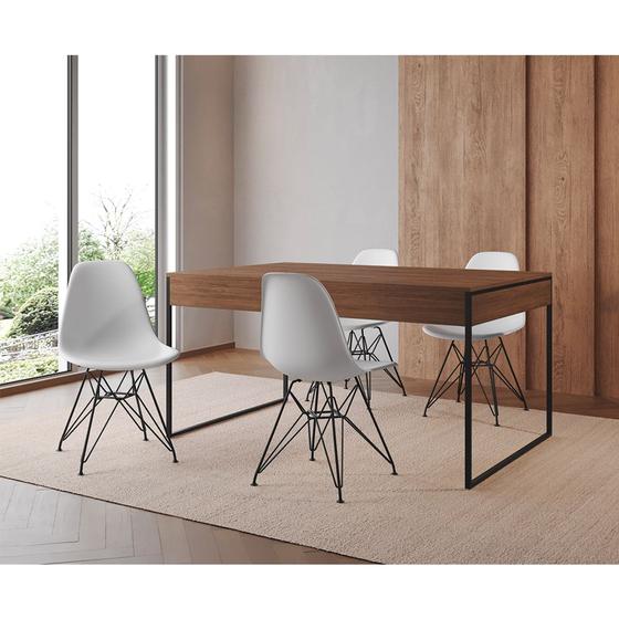 Imagem de Mesa Jantar Industrial Retangular Filadélfia 137x90cm Amêndoa com 4 Cadeiras Brancas Eames Base Ferr