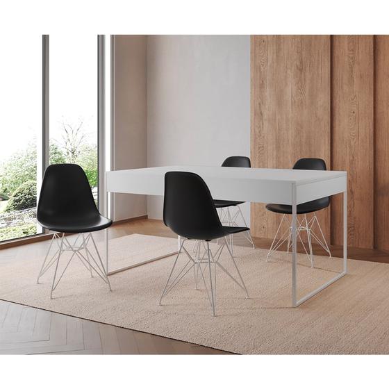 Imagem de Mesa Jantar Industrial Retangular Filadélfia Branca 137x90cm com 4 Cadeiras Eames Pretas Base Ferro 