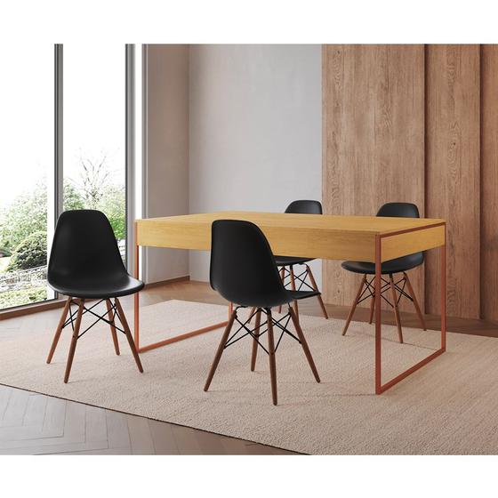 Imagem de Mesa Jantar Industrial Retangular Filadélfia Canela 137x90cm Base Cobre com 4 Cadeiras Pretas Eiffel