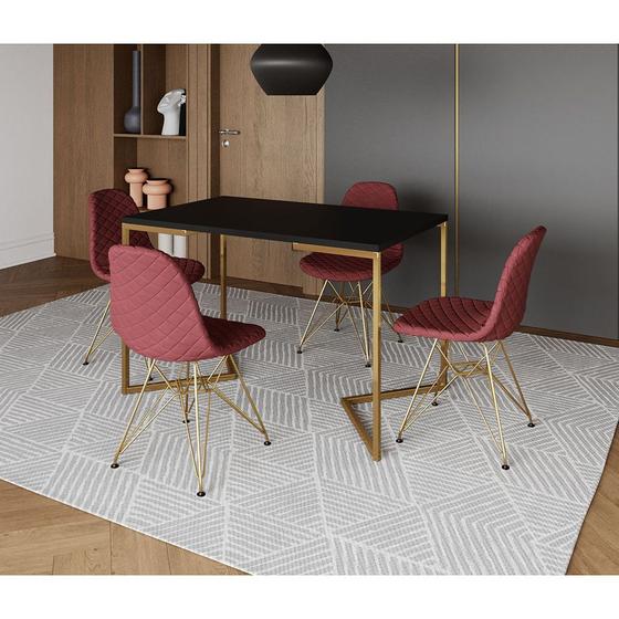 Mesa Jantar Industrial Retangular Preta 120x75 Base V + 4 Cadeiras Estofada Eames Vermelhas Aço Dour - Up Home Imagem de Mesa Jantar Industrial Retangular Preta 120x75 Base V + 4 Cadeiras Estofada Eames Vermelhas Aço Dour