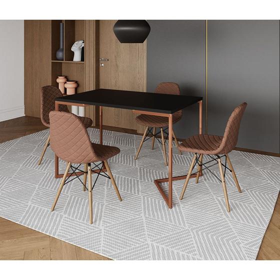 Imagem de Mesa Jantar Industrial Retangular Preta 120x75 Base V Cobre com 4 Cadeiras Estofadas Caramelo Madeir