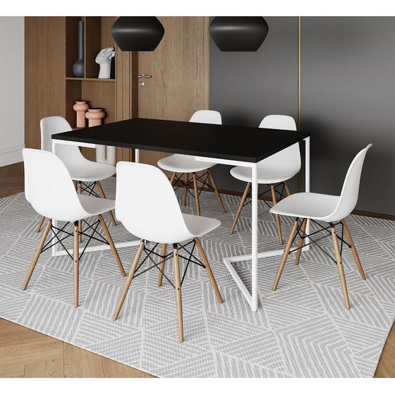 Imagem de Mesa Jantar Industrial Retangular Preta 137x90cm Base V Ferro Branco com 6 Cadeiras Branca Eames Mad