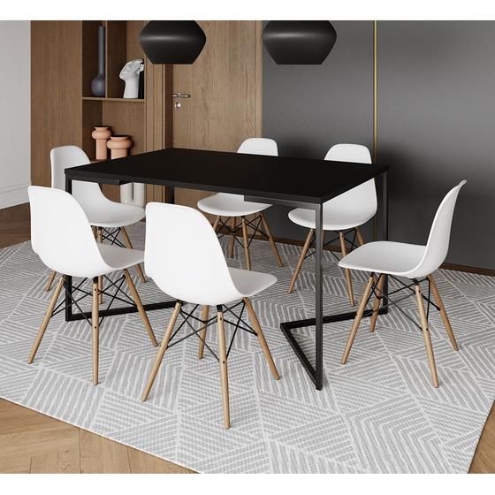Imagem de Mesa Jantar Industrial Retangular Preta 137x90cm Base V Ferro Preto com 6 Cadeiras Branca Eames Made