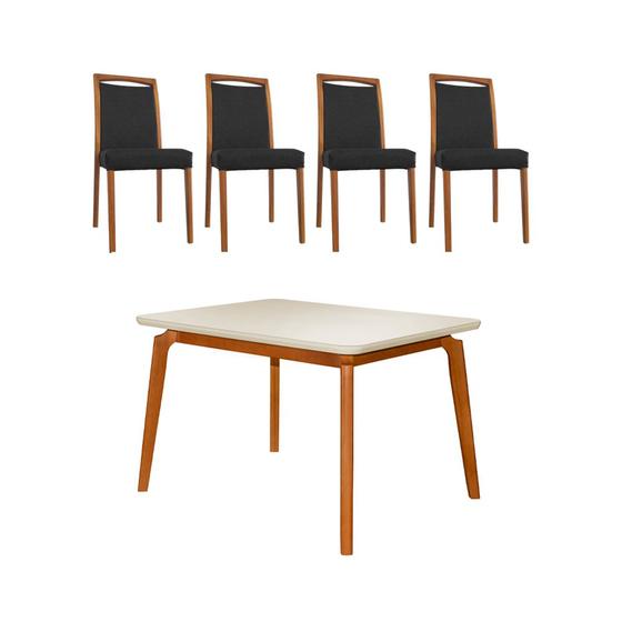 Imagem de Mesa Jantar Jade 120x90cm Off White com 4 Cadeiras Estofadas Couro Pu Preta Base Madeira Maciça Mel