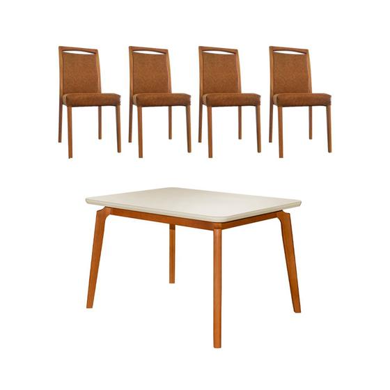 Imagem de Mesa Jantar Jade 120x90cm Off White com 4 Cadeiras Estofadas em Couro Pu Caramelo Madeira Maciça Mel