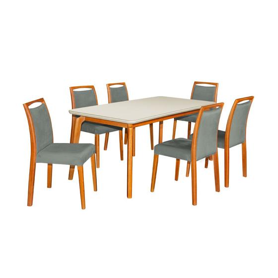 Imagem de Mesa Jantar Jade 160x90cm Off White com 6 Cadeiras Estofadas Veludo Cinza Base Madeira Maciça Mel