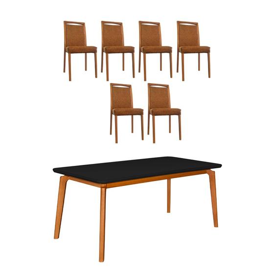 Imagem de Mesa Jantar Jade 160x90cm Preto com 6 Cadeiras Estofadas Couro Pu Caramelo Base Madeira Maciça Mel