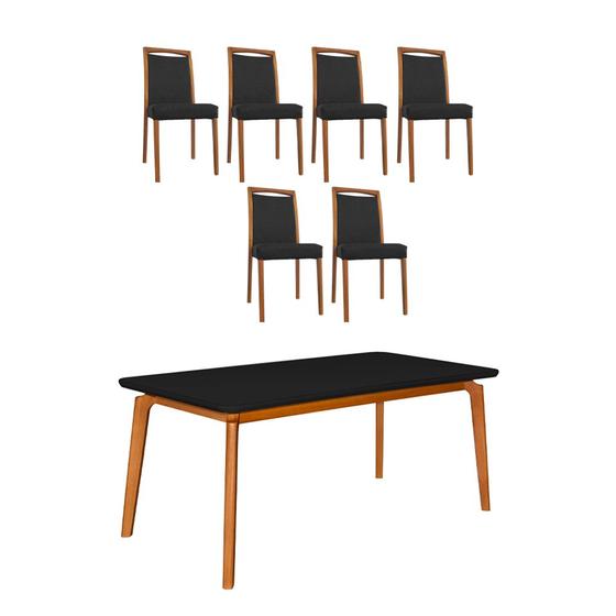 Imagem de Mesa Jantar Jade 160x90cm Preto com 6 Cadeiras Estofadas em Couro Pu Preta Base Madeira Maciça Mel