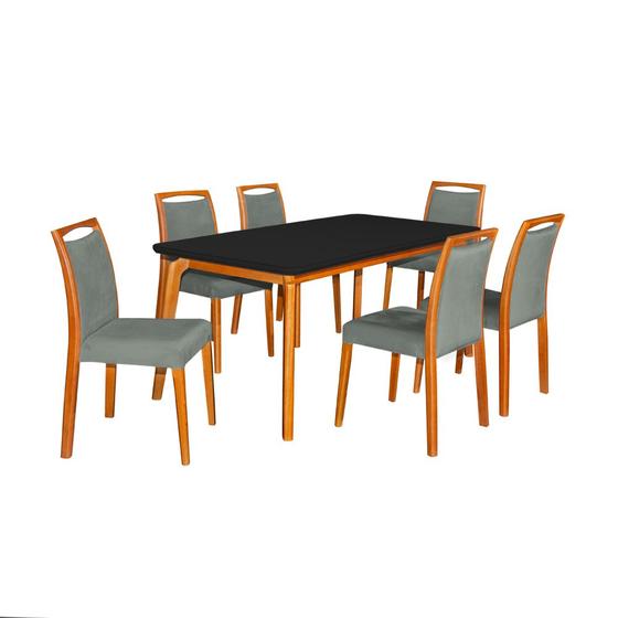 Imagem de Mesa Jantar Jade 160x90cm Preto com 6 Cadeiras Estofadas Veludo Cinza Base Madeira Maciça Mel