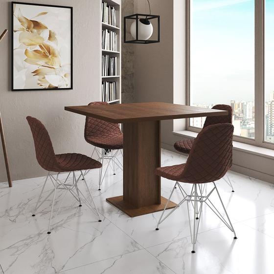 Imagem de Mesa Jantar Londres Quadrada Amêndoa 90cm 4 Cadeiras Eames Estofadas Caramelo Ferro Branco