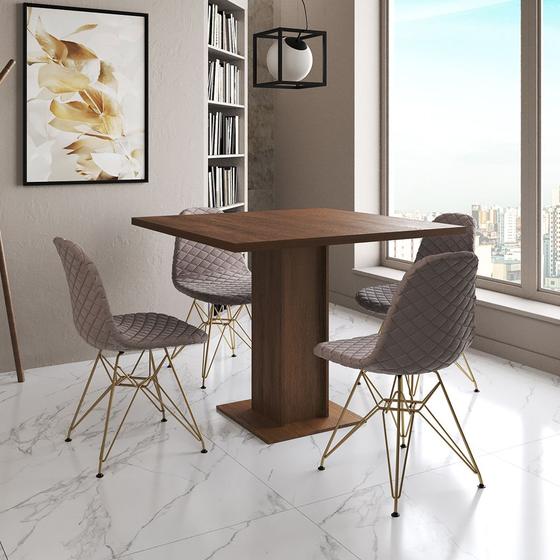 Imagem de Mesa Jantar Londres Quadrada Amêndoa 90cm 4 Cadeiras Eames Estofadas Nude Médio Base Dourado