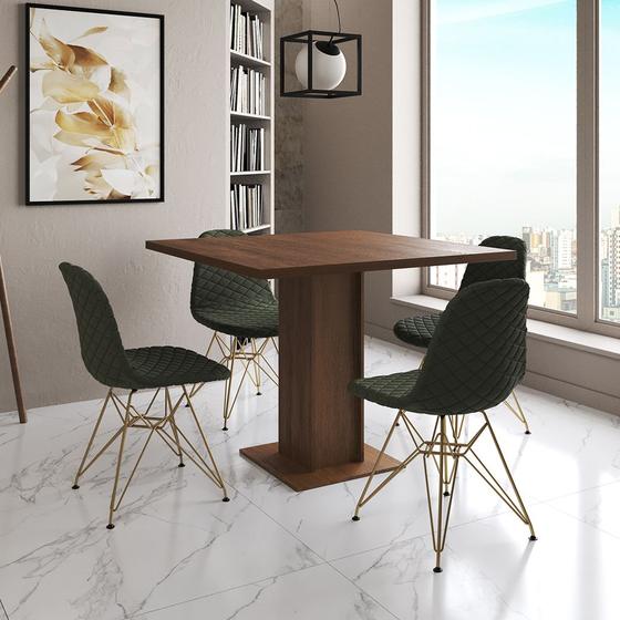 Imagem de Mesa Jantar Londres Quadrada Amêndoa 90cm 4 Cadeiras Eames Estofadas Verde Base Dourado