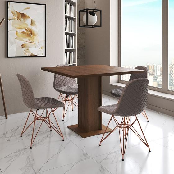 Imagem de Mesa Jantar Londres Quadrada Amêndoa 90cm 4 Cadeiras Estofadas Nude Médio Eames Base Cobre