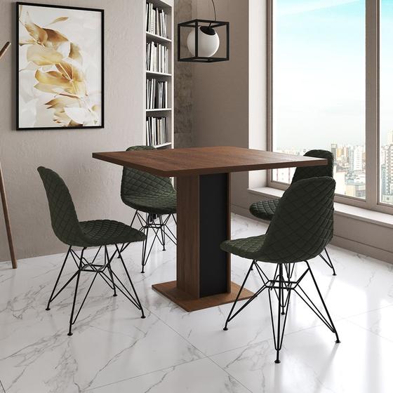 Imagem de Mesa Jantar Londres Quadrada Amêndoa 90cm Base Preta 4 Cadeiras Eames Estofadas Verde Ferro Preto