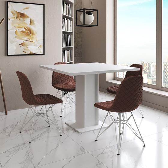 Imagem de Mesa Jantar Londres Quadrada Branca 90cm 4 Cadeiras Eames Estofadas Caramelo Ferro Branco 