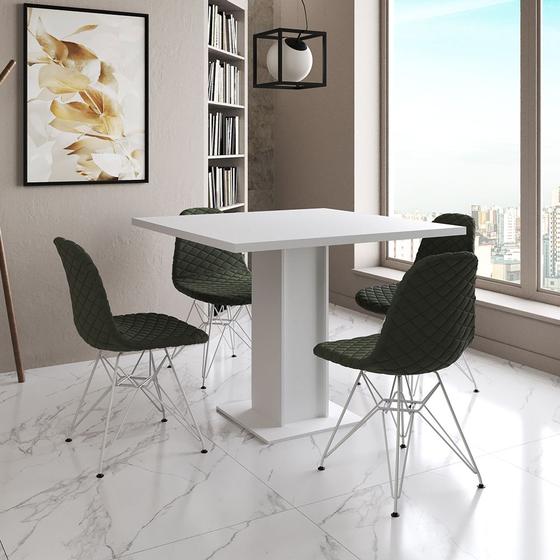 Imagem de Mesa Jantar Londres Quadrada Branca 90cm 4 Cadeiras Eames Estofadas Verde Ferro Branco