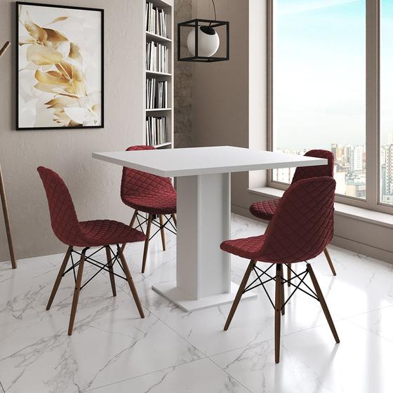 Imagem de Mesa Jantar Londres Quadrada Branca 90cm 4 Cadeiras Eames Estofadas Vermelho Madeira