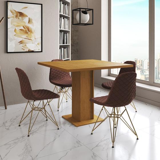 Imagem de Mesa Jantar Londres Quadrada Canela 90cm 4 Cadeiras Eames Estofadas Caramelo Base Dourado