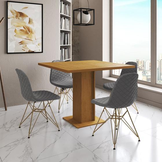 Imagem de Mesa Jantar Londres Quadrada Canela 90cm 4 Cadeiras Eames Estofadas Grafite Base Dourado