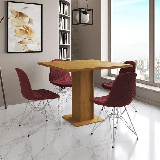 Imagem de Mesa Jantar Londres Quadrada Canela 90cm 4 Cadeiras Eames Estofadas Vermelho Ferro Branco