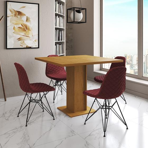 Imagem de Mesa Jantar Londres Quadrada Canela 90cm 4 Cadeiras Eames Estofadas Vermelho Ferro Preto