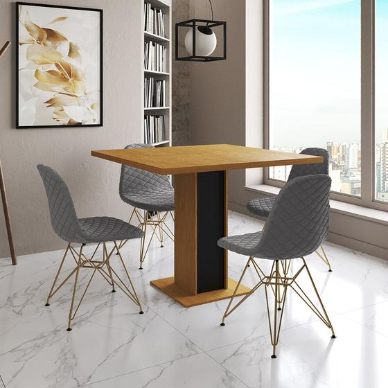 Imagem de Mesa Jantar Londres Quadrada Canela 90cm Base Preta 4 Cadeiras Eames Estofadas Grafite Base Dourado