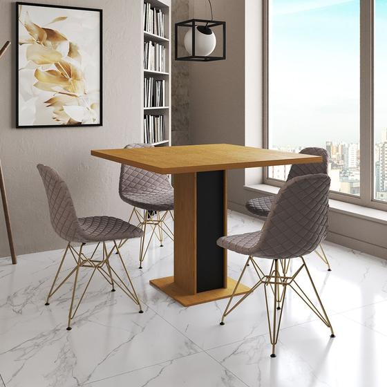 Imagem de Mesa Jantar Londres Quadrada Canela 90cm Base Preta 4 Cadeiras Eames Estofadas Nude Médio Base Doura