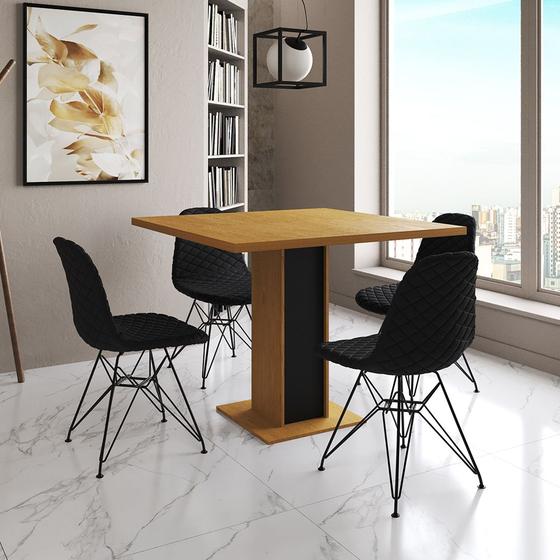 Imagem de Mesa Jantar Londres Quadrada Canela 90cm Base Preta 4 Cadeiras Eames Estofadas Preta Ferro Preto