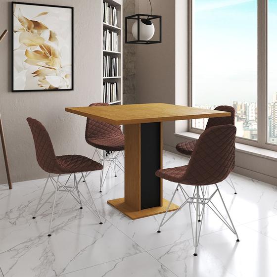 Imagem de Mesa Jantar Londres Quadrada Canela 90cm Base Preta 4 Cadeiras Estofadas Caramelo Eames Ferro Branco