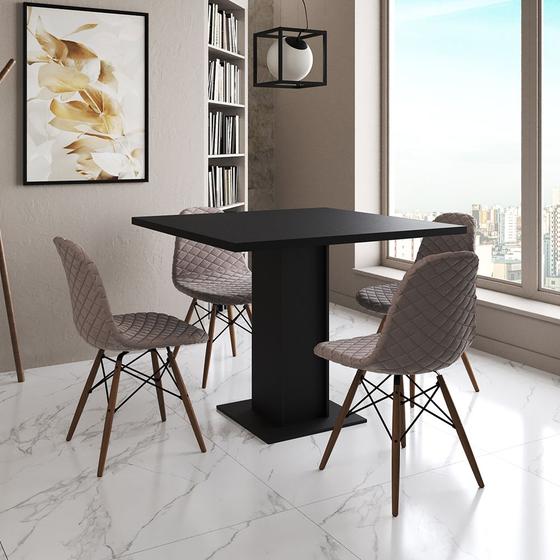 Imagem de Mesa Jantar Londres Quadrada Preta 90cm 4 Cadeiras Eames Estofadas Nude Médio Madeira