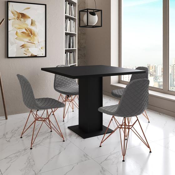 Imagem de Mesa Jantar Londres Quadrada Preta 90cm 4 Cadeiras Estofadas Grafite Eames Base Cobre