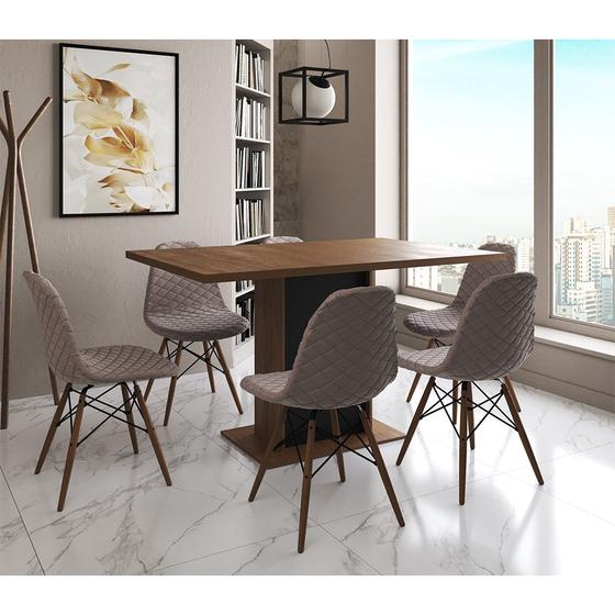 Imagem de Mesa Jantar Londres Retangular Amêndoa 137x90 Base Preta 6 Cadeiras Estofadas Nude Médio Madeira